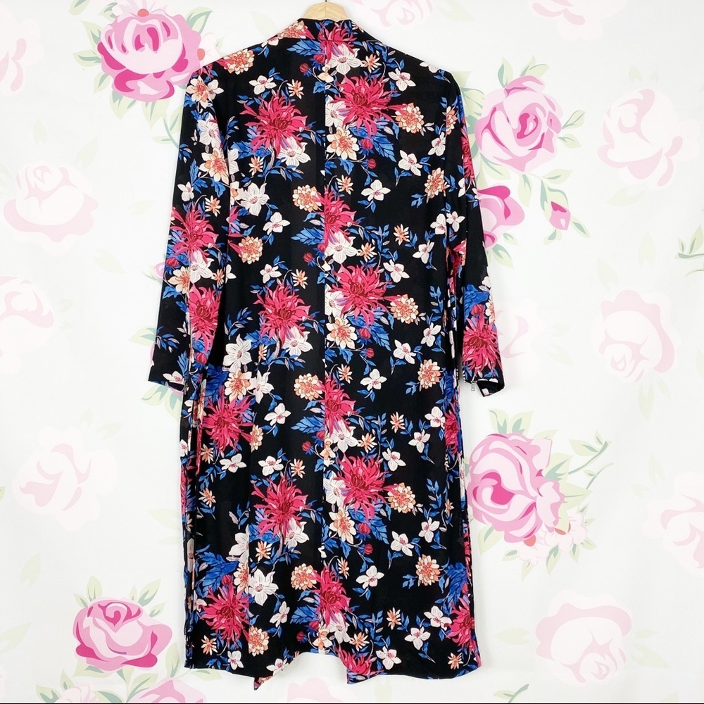 NEW Forever 21 Printed Floral Pink Blue Black Longline Duster Kimono S - Picture 4 of 6